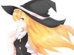 Rule 34 | 1girl, blonde hair, blush, breasts, commentary, finger gun, finger to mouth, half-closed eyes, hat, highres, hiyorinrin, kirisame marisa, long hair, looking at viewer, medium breasts, profile, short sleeves, smile, smirk, solo, touhou, turtleneck, upper body, vest, witch hat, yellow eyes