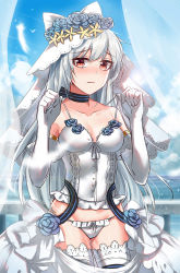 Rule 34 | 1girl, absurdres, blue flower, blue rose, blush, breasts, brown eyes, choker, cloud, collarbone, commentary request, corset, cowboy shot, day, dress, elbow gloves, eossim, flower, girls&#039; frontline, gloves, hair between eyes, hands up, highres, lace, lace-trimmed legwear, lace trim, lingerie, long hair, looking at viewer, medium breasts, ocean, official alternate costume, panties, railing, ribbon choker, rose, silver hair, skirt, sky, solo, strap lift, summer, thighhighs, tokarev (a couple&#039;s journey) (girls&#039; frontline), tokarev (girls&#039; frontline), underwear, veil, water, wedding dress, white corset, white gloves, white panties