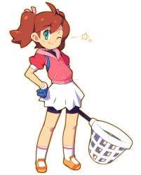 Rule 34 | 1girl, bike shorts, brown hair, female focus, gloves, metata, net, one eye closed, saru getchu, sayaka (saru getchu), shorts, shorts under skirt, simple background, skirt, smile, solo, standing, twintails, white background, white skirt, wink