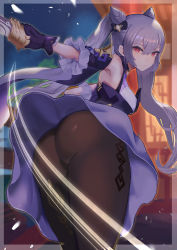 Rule 34 | 1girl, armpits, ass, ass focus, bare shoulders, bent over, black pantyhose, bow, breasts, closed mouth, cowboy shot, detached sleeves, double bun, dress, fighting stance, frilled skirt, frilled sleeves, frills, from behind, frown, genshin impact, gloves, hair bow, hair bun, highres, holding, holding sword, holding weapon, keqing (genshin impact), looking at viewer, looking back, medium breasts, night, night sky, paid reward available, pantyhose, purple eyes, purple hair, revision, skirt, sky, sleeveless, sleeveless dress, sukoyaka93, sword, thighs, twintails, upskirt, v-shaped eyebrows, weapon, wind, wind lift