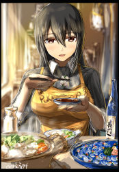 Rule 34 | apron, black hair, border, breasts, brown eyes, food, food focus, highres, kantai collection, long hair, looking at viewer, meal, medium breasts, nagato (kancolle), open mouth, puka puka, seitei (04seitei), sketch, solo, upper body, yellow apron