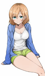 Rule 34 | 10s, 1girl, ahorote, blonde hair, blue eyes, blush, bob cut, breasts, cleavage, collarbone, jacket, large breasts, legs, long sleeves, looking at viewer, miyamori aoi, open clothes, open jacket, shirobako, short hair, shorts, simple background, sitting, smile, solo, thighs, white background