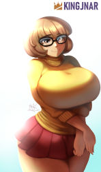 Rule 34 | 1girl, breasts, brown eyes, brown hair, curvy, glasses, highres, huge breasts, kingjnar, looking at viewer, scooby-doo, short hair, skirt, solo, sweater, thick thighs, thighs, velma dace dinkley, white background