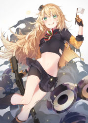 Rule 34 | 1girl, :q, absurdres, ammunition, bike shorts, blonde hair, blush, commentary request, fabarm sat-8, fang, flag, girls&#039; frontline, green eyes, gun, hairband, highres, jacket, long hair, looking at viewer, navel, pleated skirt, s.a.t.8 (girls&#039; frontline), sakana-ko, semi-automatic firearm, semi-automatic shotgun, shield module, shorts, shorts under skirt, shotgun, shotgun shell, shotgun speedloader, simple background, skirt, smoke, solo, stomach, tongue, tongue out, torn clothes, two-tone gloves, weapon, white background, white flag