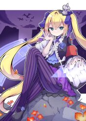 Rule 34 | 1girl, 7th dragon (series), 7th dragon 2020, blonde hair, blue eyes, border, bow, chelsea (7th dragon), commentary request, cross tie, crown, dragon, floro (7th dragon), flower, foot out of frame, gothic lolita, hacker (7th dragon), hair between eyes, hair bow, hand up, highres, holographic keyboard, letterboxed, lolita fashion, long hair, long sleeves, mini crown, outline, outside border, pantyhose, pink nails, purple pantyhose, purple skirt, purple sky, rock, rose, sidelocks, sitting, skirt, sky, solo, striped bow, striped clothes, striped pantyhose, teddyfredy26, twintails, v, vertical-striped clothes, vertical-striped pantyhose, very long hair, white border, white outline