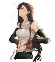 Rule 34 | 1girl, absurdres, bandaged hand, bandages, bare shoulders, black gloves, black hair, black skirt, blush, breasts, brown eyes, crop top, dreamsyndd, earrings, elbow gloves, elbow pads, final fantasy, final fantasy vii, fingerless gloves, gloves, hands on own stomach, highres, jewelry, long hair, looking to the side, low-tied long hair, medium breasts, midriff, navel, parted lips, red gloves, shirt, sketch, skirt, sleeveless, sleeveless shirt, solo, suspenders, tifa lockhart, twitter username, upper body, white background, white shirt