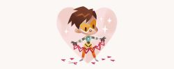 Rule 34 | 1girl, bad id, bad twitter id, bodysuit, bomber jacket, brown hair, chest harness, chibi, full body, gloves, goggles, harness, heart, holding, jacket, looking down, orange bodysuit, overwatch, overwatch 1, pants, paper, scissors, simple background, solid circle eyes, solo, sparkle, spiked hair, star (symbol), tight clothes, tight pants, tinysnails, tracer (overwatch), valentine, vambraces, white background