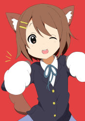 1girl animal_ears brown_eyes brown_hair feet_out_of_frame female_focus hair_between_eyes hair_ornament hairclip hirasawa_yui k-on! long_sleeves looking_at_viewer red_background sakuragaoka_high_school_uniform school_uniform short_hair simple_background skirt solo standing tail teeth