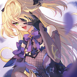 Rule 34 | 1girl, :d, bare shoulders, black gloves, blonde hair, bow, bowtie, commentary, eyepatch, fischl (genshin impact), fishnets, genshin impact, gloves, green eyes, hand up, long hair, maron star, open mouth, purple bow, purple bowtie, smile, solo, two side up, upper body, v-shaped eyebrows, very long hair
