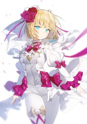 Rule 34 | 1girl, arms at sides, artist name, blonde hair, blue eyes, blunt bangs, blurry, blush, bow, bowtie, bridal veil, closed mouth, cowboy shot, depth of field, derivative work, flower, frilled sleeves, frills, hair flower, hair ornament, juliet sleeves, long sleeves, looking at viewer, original, pants, pink bow, pink bowtie, pink flower, pink rose, puffy sleeves, red flower, red rose, rose, short hair, simple background, solo, standing, sukja, thigh strap, veil, white background, white pants, wide sleeves