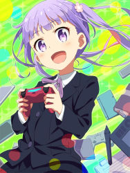 Rule 34 | 10s, 1girl, :d, blush, controller, eyebrows, game controller, gamepad, hair ornament, highres, light purple hair, long hair, looking at viewer, new game!, open mouth, playstation controller, purple eyes, school uniform, smile, solo, suzukaze aoba, tomato (lsj44867), twintails