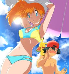 Rule 34 | 1boy, 1girl, arms up, ash ketchum, backwards hat, baseball cap, bikini, black hair, blue eyes, blue sky, blush, breasts, cloud, creatures (company), day, eating, food, from below, fruit, game freak, gen 1 pokemon, hat, holly (hollyf reed), holly (pixiv5211522), long hair, medium breasts, melon, misty (pokemon), multicolored bikini, multicolored clothes, nintendo, no nipples, official style, aged up, orange hair, pikachu, pokemon, pokemon (anime), pokemon (creature), side ponytail, sky, sun, swimsuit