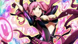 Rule 34 | 1girl, arms up, belt, black bodysuit, black bra, bodysuit, bra, breasts, cleavage, game cg, gloves, half gloves, large breasts, leaning back, long hair, long sleeves, macross, macross delta, makina nakajima, official art, partially unzipped, pink belt, pink hair, red gloves, shiny clothes, solo, sparkle, twintails, underboob, underwear, upper body, uta macross sumaho deculture