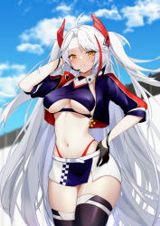 Rule 34 | 1girl, antenna hair, arm behind head, azur lane, belt, black footwear, black gloves, blue sky, blunt bangs, blurry, blurry background, blush, boots, breasts, clothing cutout, cloud, collared shirt, commentary, cowboy shot, crop top, cropped jacket, cropped shirt, cross, day, earpiece, gloves, hair between eyes, half gloves, hand on own hip, headgear, highres, iron cross, jacket, large breasts, long hair, looking at viewer, midriff, multicolored hair, navel, official alternate costume, open clothes, open jacket, orange eyes, outdoors, panties, parted lips, prinz eugen (azur lane), prinz eugen (final lap) (azur lane), purple jacket, purple shirt, purple skirt, race queen, red hair, red panties, ru yan, shirt, short sleeves, sidelocks, skindentation, skirt, sky, sleeveless, sleeveless shirt, smile, solo, standing, streaked hair, swept bangs, thigh boots, thighhighs, two-tone skirt, two side up, underboob, underboob cutout, underwear, very long hair, white belt, white skirt, zettai ryouiki