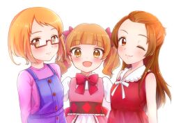 Rule 34 | 3girls, aisaki emiru, blue overalls, blunt bangs, bow, bowtie, brown hair, closed mouth, collared dress, commentary, dokidoki! precure, dress, glasses, hair bow, highres, hugtto! precure, in-franchise crossover, long hair, long sleeves, looking at viewer, madoka aguri, medium hair, multiple girls, naganegisha, neck ribbon, one eye closed, open mouth, orange eyes, orange hair, overalls, pink dress, pink shirt, precure, puffy short sleeves, puffy sleeves, red-framed eyewear, red bow, red bowtie, red dress, red eyes, ribbon, semi-rimless eyewear, shirabe ako, shirt, short hair, short sleeves, side-by-side, simple background, sleeveless, sleeveless dress, smile, suite precure, trait connection, twintails, under-rim eyewear, white background, white ribbon