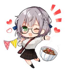 Rule 34 | 1girl, :d, absurdres, bad id, bad pixiv id, bag, black skirt, blush, bowl, braid, breasts, chibi, french braid, glasses, green eyes, grey hair, hand up, heart, highres, hololive, large breasts, looking at viewer, miniskirt, noi mine, notice lines, one eye closed, open mouth, ribbed sweater, semi-rimless eyewear, shirogane noel, shirogane noel (casual), shoulder bag, skirt, smile, solo, string of flags, sweater, under-rim eyewear, virtual youtuber, white sweater, wristband