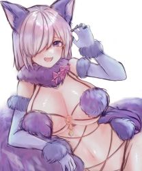 Rule 34 | 1girl, absurdres, animal ears, bow, breasts, claw pose, cleavage, fang, fate/grand order, fate (series), hair over one eye, highres, huge breasts, looking at viewer, lying, mash kyrielight, mash kyrielight (dangerous beast), navel, on side, open mouth, purple bow, purple eyes, purple hair, q (f72637285), simple background, smile, solo, stomach, white background