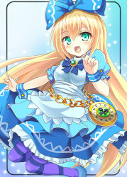 Rule 34 | 1girl, :d, alice (alice in wonderland), alice in wonderland, apron, blonde hair, blue background, blue bow, blue bowtie, blue dress, blue footwear, blurry, blurry background, blush, bow, bowtie, breasts, chain, club (shape), commentary request, dress, framed, frilled dress, frills, gem, gradient background, green eyes, green gemstone, hair between eyes, hair bow, hand up, highres, layered dress, long hair, looking at viewer, medium breasts, open mouth, out of frame, outside border, outstretched arm, outstretched hand, pocket watch, puffy short sleeves, puffy sleeves, purple thighhighs, roman numeral, sash, shoes, short sleeves, smile, solo, spade (shape), striped clothes, striped thighhighs, thighhighs, time, vermentino, very long hair, watch, white apron, wind, wrist cuffs