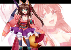 Rule 34 | 1girl, animal ears, black thighhighs, blush, breasts, brown hair, cleavage, cowboy shot, folding fan, fox ears, fox tail, green eyes, hand fan, highres, holding, holding sword, holding weapon, inari, konshin, large breasts, letterboxed, long hair, monster girl, open mouth, original, purple thighhighs, sengoku koihime, simple background, skirt, solo, standing, sword, tail, thighhighs, two side up, weapon, white background, zoom layer