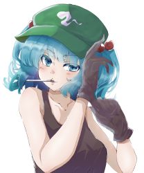 Rule 34 | 1girl, absurdres, adjusting clothes, adjusting gloves, alternate costume, arm up, bare arms, black gloves, black tank top, blue eyes, blue hair, breasts, collarbone, colored eyelashes, commentary, flat cap, glove pull, gloves, green hat, gumi (fwjn7284), hair bobbles, hair ornament, hand on headwear, hand up, hat, highres, hitodama print, kawashiro nitori, light blush, mouth hold, putting on gloves, short hair, short twintails, sidelocks, simple background, small breasts, solo, tank top, touhou, twintails, upper body, white background