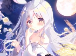Rule 34 | 1girl, animal ears, bare shoulders, blush, brown eyes, cloud, collarbone, commentary request, dango, eating, food, full moon, hair between eyes, hands up, holding, holding food, japanese clothes, kimono, long hair, long sleeves, looking at viewer, moon, night, night sky, off shoulder, original, outdoors, rabbit ears, shiratama (shiratamaco), signature, silver hair, sky, solo, star (sky), starry sky, upper body, wagashi, white kimono, wide sleeves