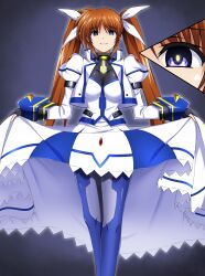 Rule 34 | 1girl, absurdres, black gloves, bodysuit, breasts, brown hair, commission, corruption, dark persona, eyebrows hidden by hair, fingerless gloves, gloves, grin, hair ribbon, highres, large breasts, lifting own clothes, long hair, long sleeves, looking at viewer, lyrical nanoha, mahou shoujo lyrical nanoha strikers, mind control, numbers&#039; uniform, oshimaru026, pixiv commission, puffy sleeves, purple eyes, ribbon, smile, solo, takamachi nanoha, takamachi nanoha (exceed mode), twintails