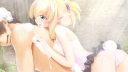 Rule 34 | 1boy, 1girl, ^ ^, ass, atelier-moo, bare shoulders, bathroom, blonde hair, blush, bubble, closed eyes, elf, embarrassed, flat chest, green eyes, hair between eyes, hair ornament, hairclip, highres, hug, hug from behind, long pointy ears, low-tied sidelocks, miniskirt, narrow waist, open mouth, our battle has just begun!, pointy ears, ponytail, profile, shared bathing, skinny, skirt, swimsuit, synsya, thighs, wavy mouth