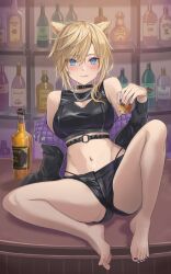 Rule 34 | 1girl, :q, absurdres, alcohol, animal ears, arm support, bar (place), bare shoulders, barefoot, black choker, black jacket, black nails, black shorts, blonde hair, blue eyes, blush, borrowed character, bottle, breasts, choker, cleavage, commission, crop top, cup, enporion, hair between eyes, highres, holding, holding cup, indoors, jacket, licking lips, looking at viewer, medium breasts, messy hair, midriff, nail polish, navel, off shoulder, original, shelf, short shorts, shorts, sitting, skeb commission, solo, stomach, toenail polish, toenails, tongue, tongue out