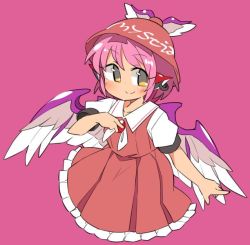 Rule 34 | 1girl, adapted costume, animal ears, brown dress, brown headwear, character name, closed mouth, clothes writing, commentary request, cropped legs, dress, earrings, feathered wings, hand on own chest, ini (inunabe00), jewelry, looking at viewer, mystia lorelei, pink background, pink hair, shirt, short hair, short sleeves, simple background, single earring, smile, solo, touhou, white shirt, winged hat, wings, yellow eyes