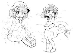 Rule 34 | 1girl, blush stickers, boots, child, female focus, frog, greyscale, hair bobbles, hair ornament, hat, kawashiro nitori, key, monochrome, neibii, sitting, skirt, touhou, twintails, two side up