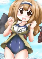 Rule 34 | 10s, 1girl, :d, blue sky, blush, breasts, brown eyes, brown hair, cameltoe, cloud, collarbone, covered navel, day, hairband, i-26 (kancolle), kantai collection, large breasts, light brown hair, long hair, looking at viewer, name tag, one-piece swimsuit, open mouth, ouno (nounai disintegration), outdoors, sailor collar, school swimsuit, short sleeves, sky, smile, solo, swimsuit, swimsuit under clothes, thigh gap, two-tone hairband, two side up, wading, water