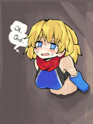 Rule 34 | 1girl, alice margatroid, blonde hair, blue eyes, blue gloves, blush, breasts, brown background, commentary request, cookie (touhou), elbow gloves, english text, fishnet top, fishnets, gloves, kanakamei1, medium bangs, medium breasts, medium hair, open mouth, red scarf, scarf, solo, sweat, through wall, touhou, upper body, web (cookie)