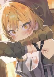 Rule 34 | 1boy, armor, armpit crease, black shirt, blonde hair, blood, blush, breastplate, highres, korean commentary, limbus company, looking at viewer, maratang, project moon, shirt, sinclair (project moon), solo, tagme, upper body, yellow eyes