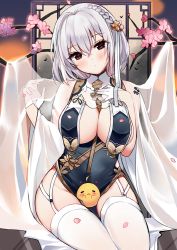 Rule 34 | 1girl, alternate costume, azur lane, between breasts, black dress, braid, branch, breasts, cleavage, closed mouth, dress, flower, garter straps, gloves, groin, hair flower, hair ornament, hand on own chest, head tilt, heart, large breasts, looking at viewer, manjuu (azur lane), petals, red eyes, revealing clothes, revision, ry thae, see-through, short hair, sirius (azur lane), sirius (azure horizons) (azur lane), sitting, thighhighs, white gloves, white hair, wide hips, yellow flower