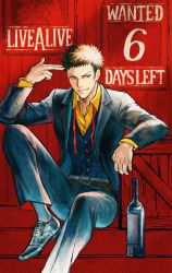 Rule 34 | 1boy, alcohol, blue jacket, brown eyes, brown hair, countdown, cowboy, cowboy western, finger gun, highres, jacket, live a live, mad dog (live a live), necktie, official art, on one knee, red background, solo, square enix, undone necktie, western