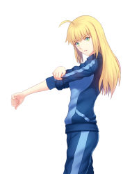 Rule 34 | 1girl, absurdres, ahoge, artoria pendragon (all), artoria pendragon (fate), artoria pendragon (lancer) (fate), blonde hair, blue jacket, blue pants, breasts, cosplay, cowboy shot, fate/grand order, fate (series), fateline alpha, from side, green eyes, hair down, highres, idolmaster, idolmaster cinderella girls, jacket, long hair, long sleeves, looking at viewer, medium breasts, pants, parted lips, saber (fate), shibuya rin, shibuya rin (cosplay), sidelocks, simple background, solo, standing, teeth, track pants, track suit, white background