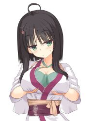 Rule 34 | 1girl, :/, ahoge, black hair, blunt ends, blush, breast lift, breasts, cleavage, closed mouth, collarbone, commentary request, criss-cross halter, eyes visible through hair, frown, green eyes, green shirt, hair between eyes, hair ornament, hairclip, halterneck, hands up, highres, hitachi mako, japanese clothes, kimono, large breasts, long sleeves, looking to the side, senren banka, shirayamakoma, shirt, short hair with long locks, shy, simple background, sleeves rolled up, solo, sweatdrop, tsurime, upper body, white background, white kimono, wide sleeves, x hair ornament