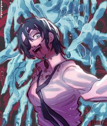 Rule 34 | 1girl, artist name, black hair, black necktie, blood, blood from mouth, blood on clothes, blood on face, chainsaw man, collared shirt, disembodied hand, eyepatch, ghost devil (chainsaw man), ghost hands, green eyes, highres, himeno (chainsaw man), looking at viewer, necktie, no arms, nosebleed, shirt, short hair, solo, taku (aywakutakuay), undone necktie, white shirt