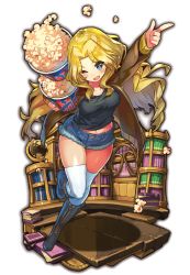 Rule 34 | 10s, 1girl, arm up, black footwear, black shirt, blonde hair, blue eyes, blue shorts, book, boots, brown jacket, collaboration, commentary request, cutoffs, denim, denim shorts, faux figurine, food, full body, girls und panzer, globe, hair intakes, holding, indoors, jacket, kay (girls und panzer), last period, leaning to the side, library, long hair, long sleeves, looking at viewer, midriff, military, military uniform, navel, official art, one eye closed, open clothes, open jacket, open mouth, pointing, pointing up, popcorn, saunders military uniform, shirt, short shorts, shorts, skindentation, smile, solo, spilling, standing, standing on one leg, star (symbol), thighhighs, transparent background, uniform, v-shaped eyebrows, walking, white thighhighs, zipper