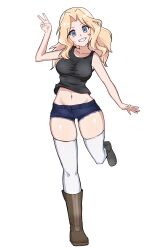 Rule 34 | 1girl, absurdres, black tank top, blonde hair, blue eyes, blue shorts, boots, breasts, brown footwear, collarbone, denim, denim shorts, full body, girls und panzer, grin, highres, kay (girls und panzer), knee boots, large breasts, lazurite (user 8870367), long hair, looking at viewer, navel, parted bangs, parted lips, shiny skin, short shorts, shorts, smile, solo, tank top, teeth, thighhighs, white thighhighs