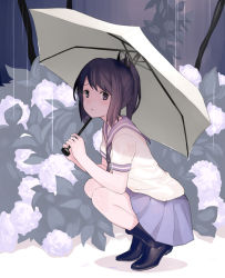 Rule 34 | 10s, 1girl, :t, alternate costume, black footwear, blue skirt, boots, brown eyes, brown hair, commentary request, floral background, flower, from side, full body, hair ribbon, hydrangea, i-401 (kancolle), kantai collection, km yama, looking at viewer, outdoors, pleated skirt, ponytail, pout, rain, ribbon, rubber boots, school uniform, serafuku, shoes, short ponytail, skirt, solo, squatting, tan, tanline, umbrella