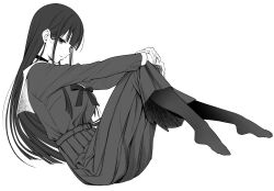 Rule 34 | 1girl, black hair, blunt bangs, blush, breasts, commentary request, dress, full body, greyscale, highres, large breasts, long hair, long sleeves, looking at viewer, monochrome, open mouth, original, own hands together, pantyhose, ribbon, sailor collar, sailor dress, school uniform, serafuku, simple background, smile, solo, white background, white sailor collar, yuki sizuku