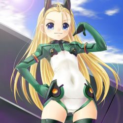 Rule 34 | &gt;:), 00s, 1girl, animal ears, antenna hair, blonde hair, blue eyes, blush, cloud, covered navel, cowboy shot, day, elise von dietrich, flat chest, forehead, from below, gloves, green thighhighs, hairband, hand on own hip, hand up, headgear, hip focus, lens flare, leotard, light smile, long hair, looking at viewer, motionslit, outdoors, pilot suit, rainbow, sky, sky girls, smile, solo, sun, thighhighs, turtleneck, v-shaped eyebrows, very long hair