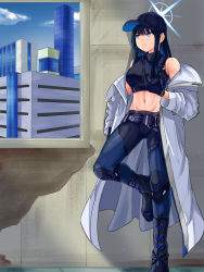 Rule 34 | 1girl, absurdres, bare shoulders, baseball cap, belt, black belt, black footwear, black gloves, black hair, black hat, black mask, black pants, black shirt, blue archive, blue eyes, blue sky, boots, breasts, buckle, chest harness, cityscape, closed mouth, cloud, coat, commentary, crop top, cross-laced footwear, day, full body, gloves, groin, halo, harness, hat, highres, holding, holding mask, holster, indoors, kipdrew, knee boots, lace-up boots, long hair, long sleeves, looking to the side, mask, medium breasts, midriff, mouth mask, navel, off shoulder, open clothes, open coat, pants, saori (blue archive), shadow, shirt, sky, sleeveless, sleeveless shirt, snap-fit buckle, solo, standing, standing on one leg, thigh holster, underbust, unworn mask, white coat, window