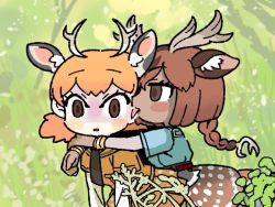 Rule 34 | 2girls, abdula, animal ears, antlers, arms around neck, axis deer (kemono friends), belt, blush stickers, braid, braided ponytail, brown eyes, brown hair, dark-skinned female, dark skin, day, deer antlers, deer ears, deer girl, deer tail, empty eyes, extra ears, eyelashes, horns, hug, kemono friends, layered sleeves, leaning forward, licking, licking another&#039;s face, long hair, long sleeves, multicolored hair, multiple girls, necktie, orange hair, outdoors, parted lips, photo-referenced, shirt, short over long sleeves, short sleeves, short twintails, sika deer (kemono friends), single braid, skirt, tail, tongue, tongue out, turn pale, twintails, wide hips