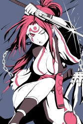 Rule 34 | 1girl, amputee, baiken, blue background, breasts, chain, claws, cleavage, collarbone, facial mark, guilty gear, high ponytail, highres, japanese clothes, katana, kimono, large breasts, long hair, masa tarou, one-eyed, one eye closed, open clothes, open kimono, open mouth, pink eyes, pink hair, scar, scar across eye, scar on face, sheath, simple background, solo, spot color, sword, torn clothes, torn sleeves, weapon, wide sleeves