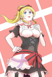 Rule 34 | 1girl, :p, artist request, ayase eli, black dress, blonde hair, blue eyes, blush, bow, breasts, cleavage, cleavage cutout, clothing cutout, collar, cross-laced clothes, detached collar, dress, earrings, female focus, frilled collar, frilled dress, frilled shirt collar, frilled sleeves, frills, garter straps, gesture, hair bow, hand on own hip, high collar, high ponytail, highres, idol, jewelry, lace, long hair, looking at viewer, love live!, love live! school idol festival, love live! school idol project, maid, mismatofuture, mogyutto &quot;love&quot; de sekkin chuu!, parted lips, ponytail, puffy short sleeves, puffy sleeves, red bow, short hair, short sleeves, solo, swept bangs, tongue, tongue out, wristband