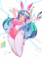 Rule 34 | 1girl, absurdres, animal ears, anklet, armpits, arms up, bare arms, bare shoulders, blue hair, blue nails, blush, breasts, commentary, cone horns, covered navel, fake animal ears, fake tail, feet up, fingernails, full body, green hair, head tilt, high heels, highres, horns, itou kazuki, jewelry, knees together feet apart, leotard, long hair, looking at viewer, lum, medium breasts, multicolored hair, nail polish, oni, open mouth, pantyhose, pink leotard, pink ribbon, playboy bunny, pointy ears, purple hair, rabbit ears, rabbit pose, rabbit tail, ribbon, sidelocks, signature, simple background, sleeveless, smile, solo, swept bangs, tail, teeth, underboob, urusei yatsura, waistcoat, white background, white footwear, white pantyhose, yellow eyes, yellow horns