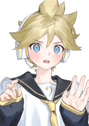 Rule 34 | 1boy, bass clef, black collar, black sleeves, blonde hair, blue eyes, blush, collar, collared shirt, commentary, hands up, headphones, headset, kagamine len, looking at viewer, male focus, nail polish, naoko (naonocoto), necktie, open mouth, shirt, solo, spiked hair, sweat, upper body, vocaloid, white background, white shirt, yellow nails, yellow necktie