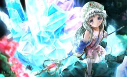 Rule 34 | 1girl, atelier (series), atelier totori, bad id, bad pixiv id, bag, blue eyes, blush, boots, brown hair, collarbone, crystal, detached sleeves, dress, female focus, flask, flat chest, hat, long hair, looking at viewer, purple eyes, scarlet (studioscr), see-through, silver hair, solo, staff, standing, totooria helmold
